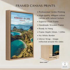 Komodo Island travel poster in handmade wooden float frame, canvas print wall art