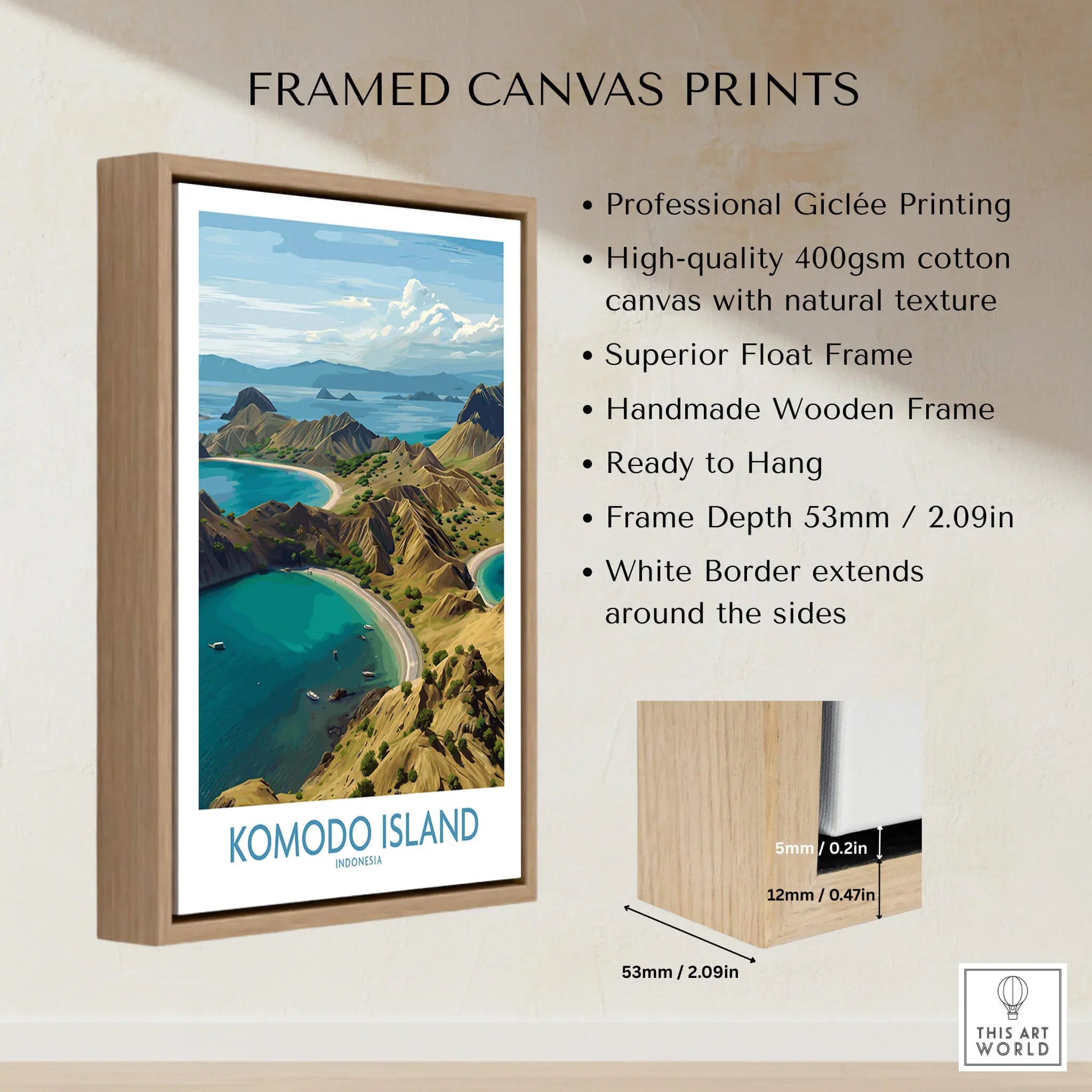 Framed canvas print of Komodo Island landscape with wooden float frame and key product details.