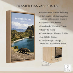 Framed Komodo Island travel poster on wall with handmade wooden float frame details