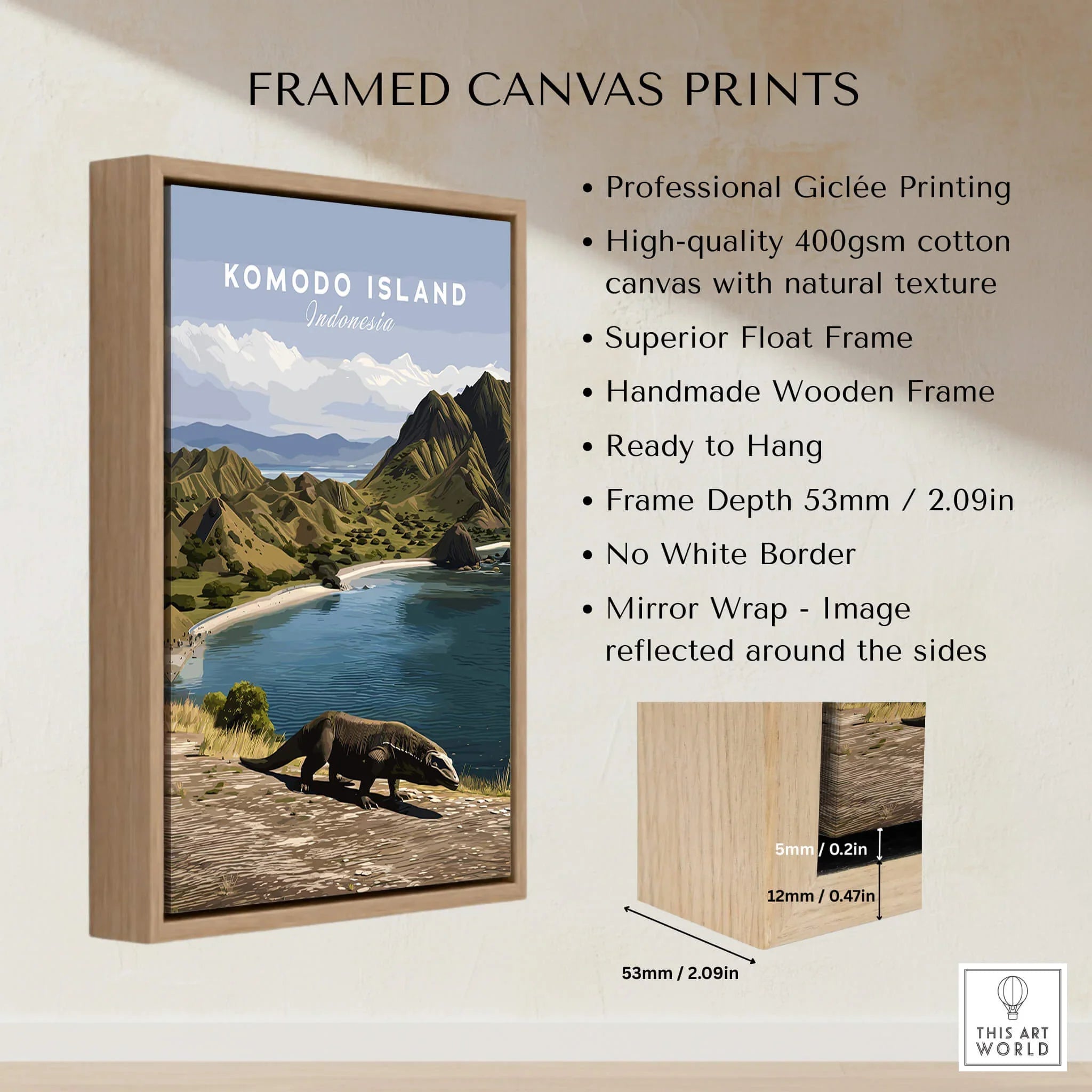 Framed Komodo Island travel poster on wall with handmade wooden float frame details