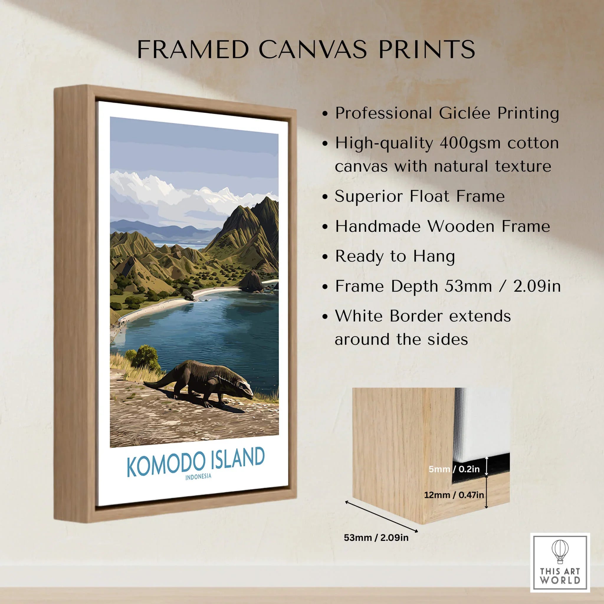 Framed Komodo Island travel poster with float wooden frame, canvas print details listed