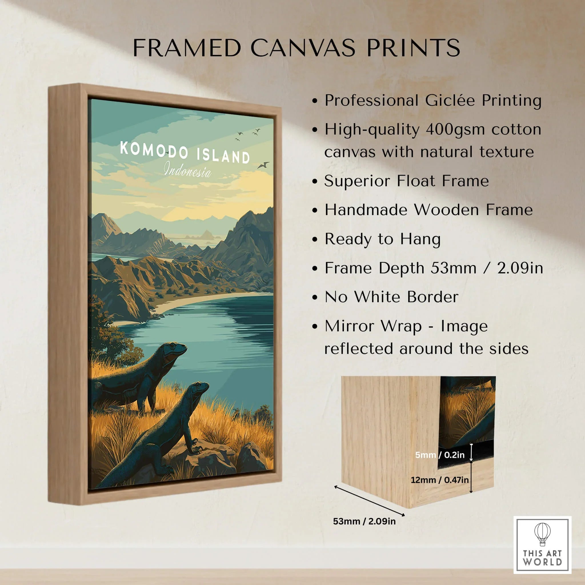 Framed Komodo Island Indonesia canvas print with wooden float frame, wall art details shown