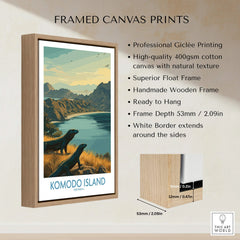 Framed Komodo Island travel poster on canvas with wooden float frame, close-up details shown