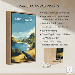 Framed Komodo Island travel poster print with wooden float frame, coastal landscape and size details.