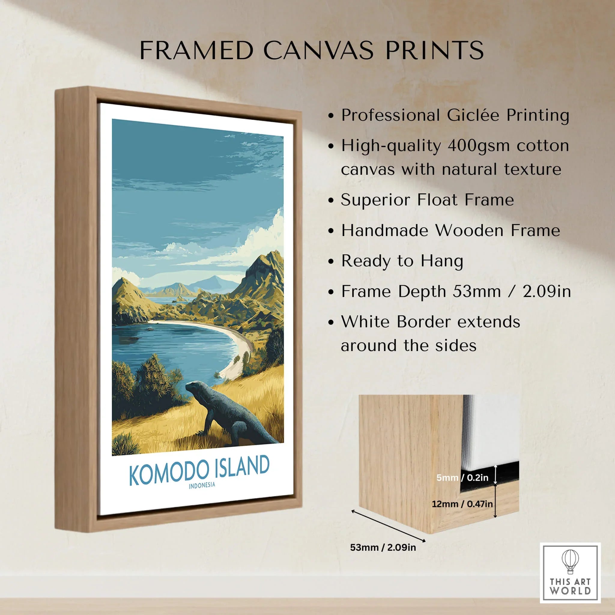 Komodo Island travel poster framed canvas print with float wooden frame and quality details.
