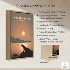 Framed canvas print of Komodo Island sunset with silhouette, float frame details highlighted