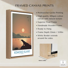 Komodo Island framed canvas print with sunset landscape, float frame, and product details.