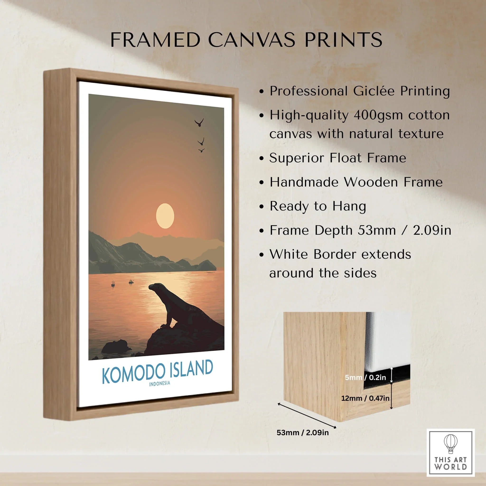 Komodo Island framed canvas print with sunset landscape, float frame, and product details.