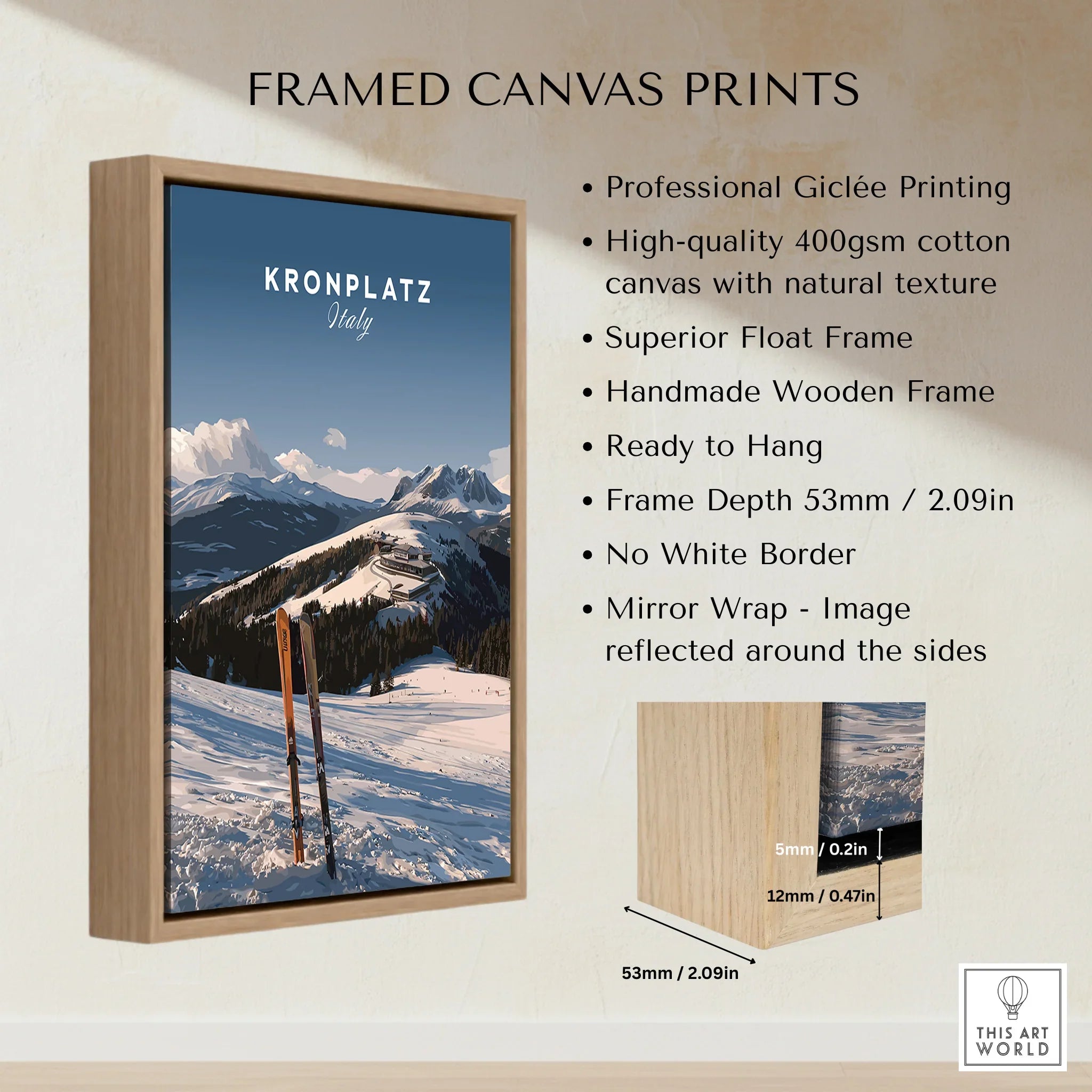 Framed canvas print of Kronplatz Italy ski mountain with snow, float frame, wood details shown