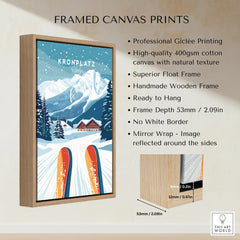 Framed canvas print of ski scene in Kronplatz Italy with wooden float frame and snowy mountains