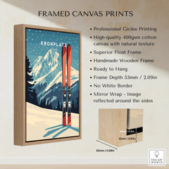 Framed canvas print of Kronplatz ski resort with snowy mountain art, wooden float frame