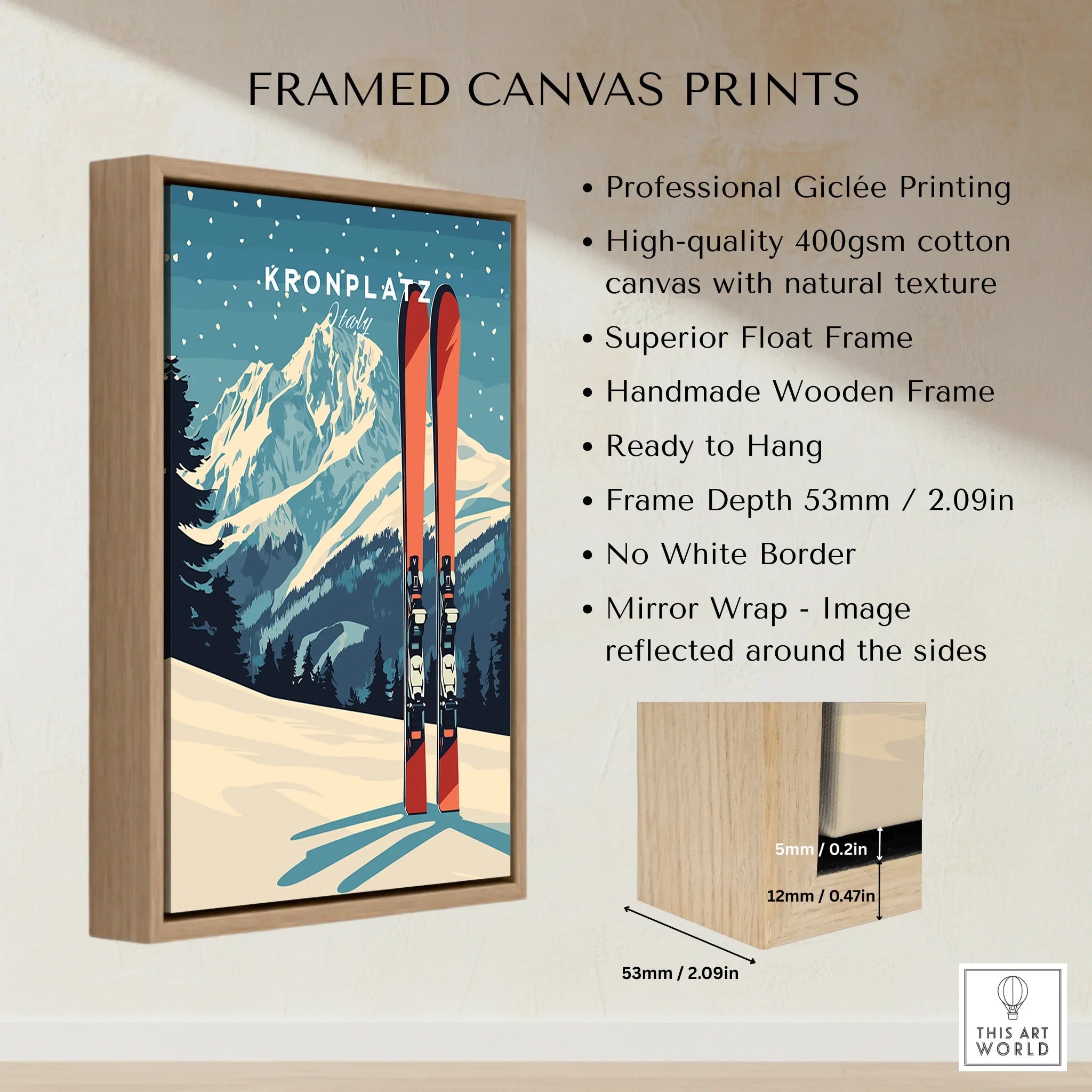 Framed canvas print of Kronplatz ski resort with snowy mountain art, wooden float frame