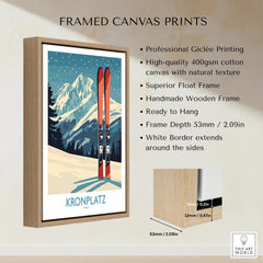 Framed canvas print featuring skis and snowy mountains, float frame, art print details visible.