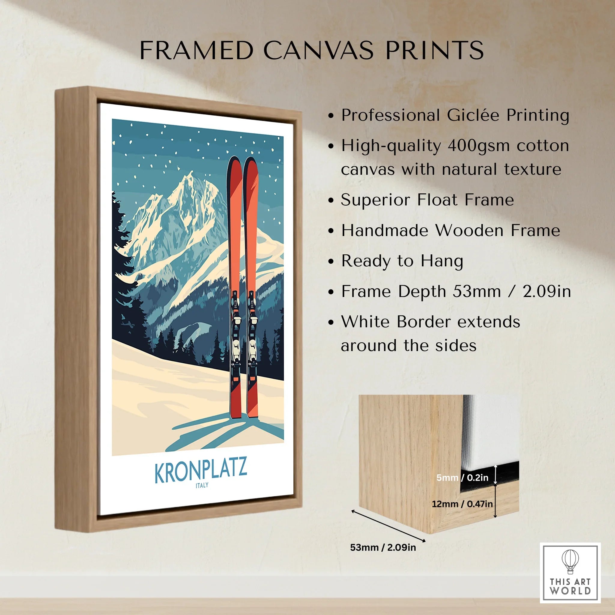 Framed canvas print featuring skis and snowy mountains, float frame, art print details visible.