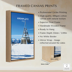 Kronplatz Italy framed canvas print with wooden float frame and snowy mountain artwork