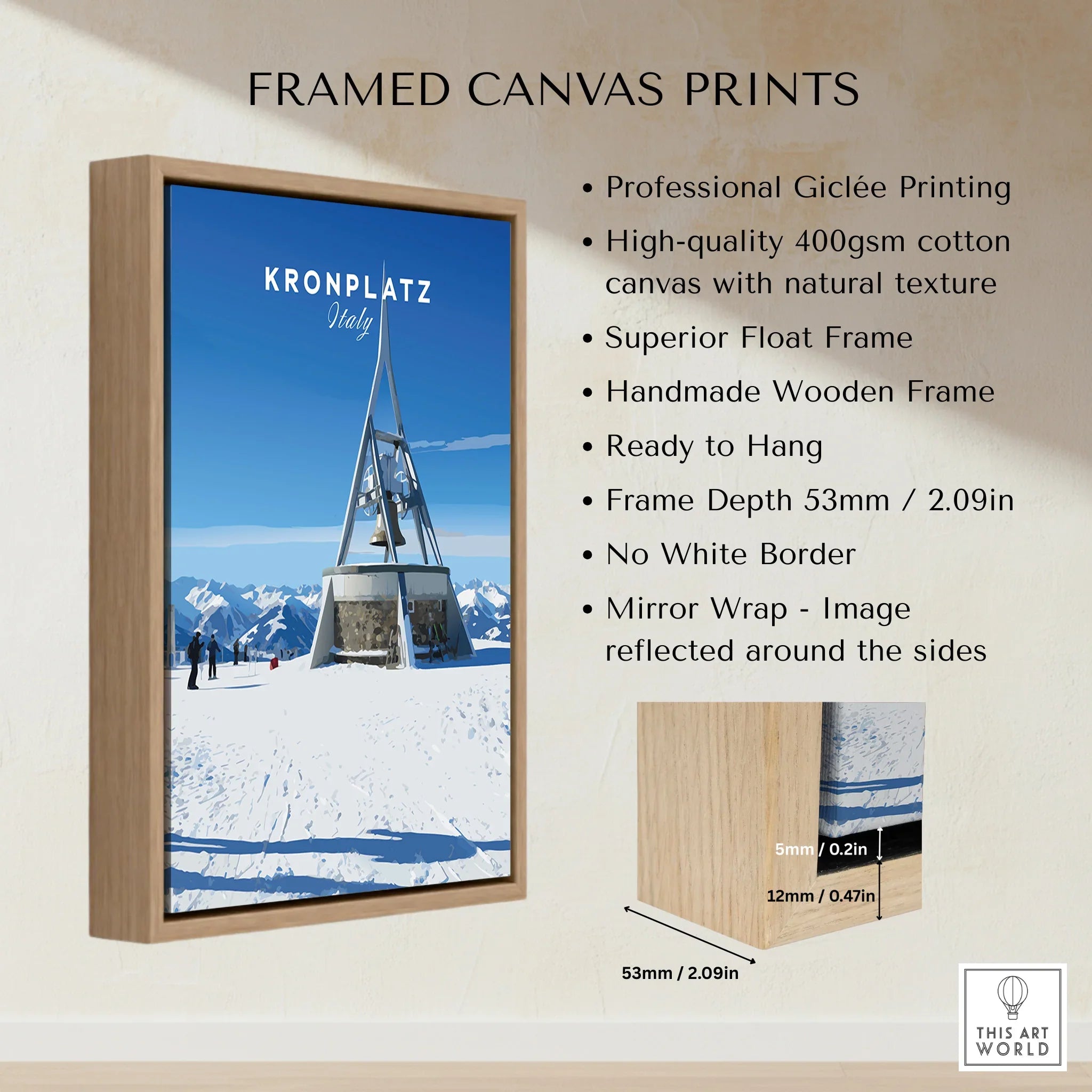 Kronplatz Italy framed canvas print with wooden float frame and snowy mountain artwork
