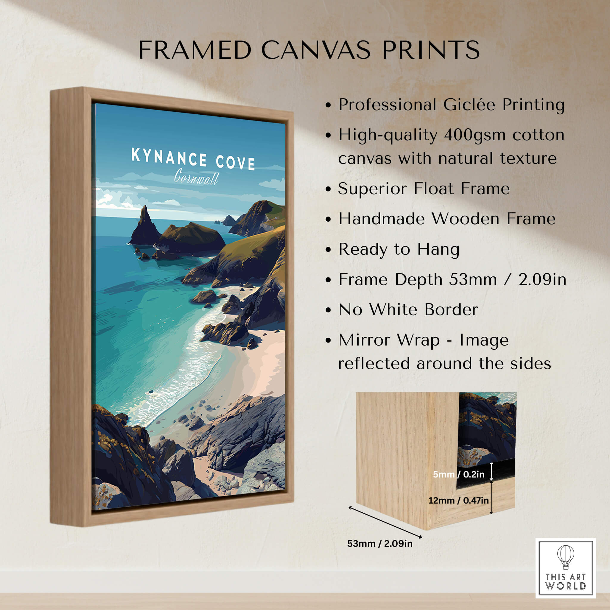 Kynance Cove Cornwall Wall Art Print | British Coastline Landscape Travel Poster displayed in a stylish wooden frame.