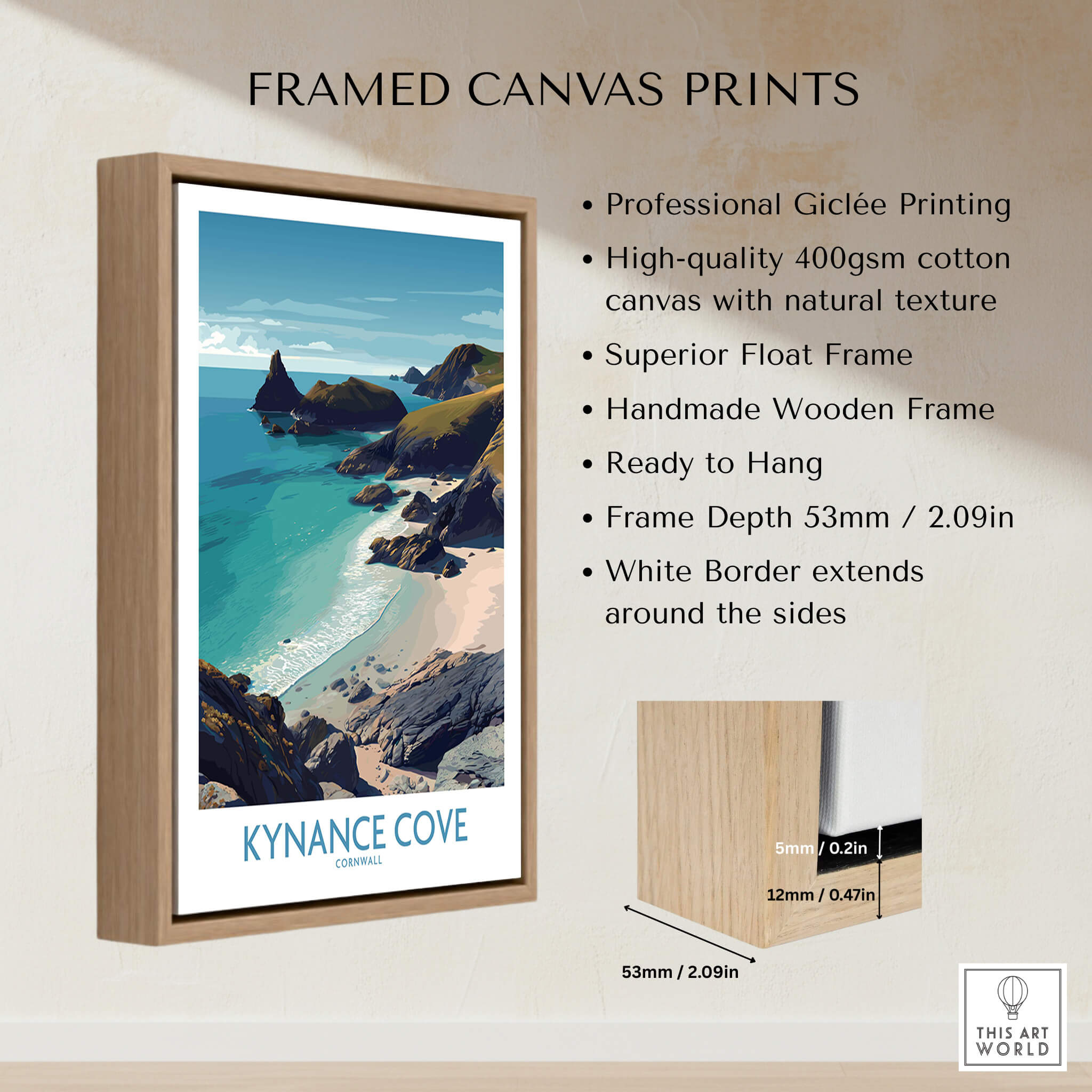 Kynance Cove Cornwall Poster | Scenic Sea Cliffs & Beach Canvas Print displayed in a wooden frame with high-quality printing.
