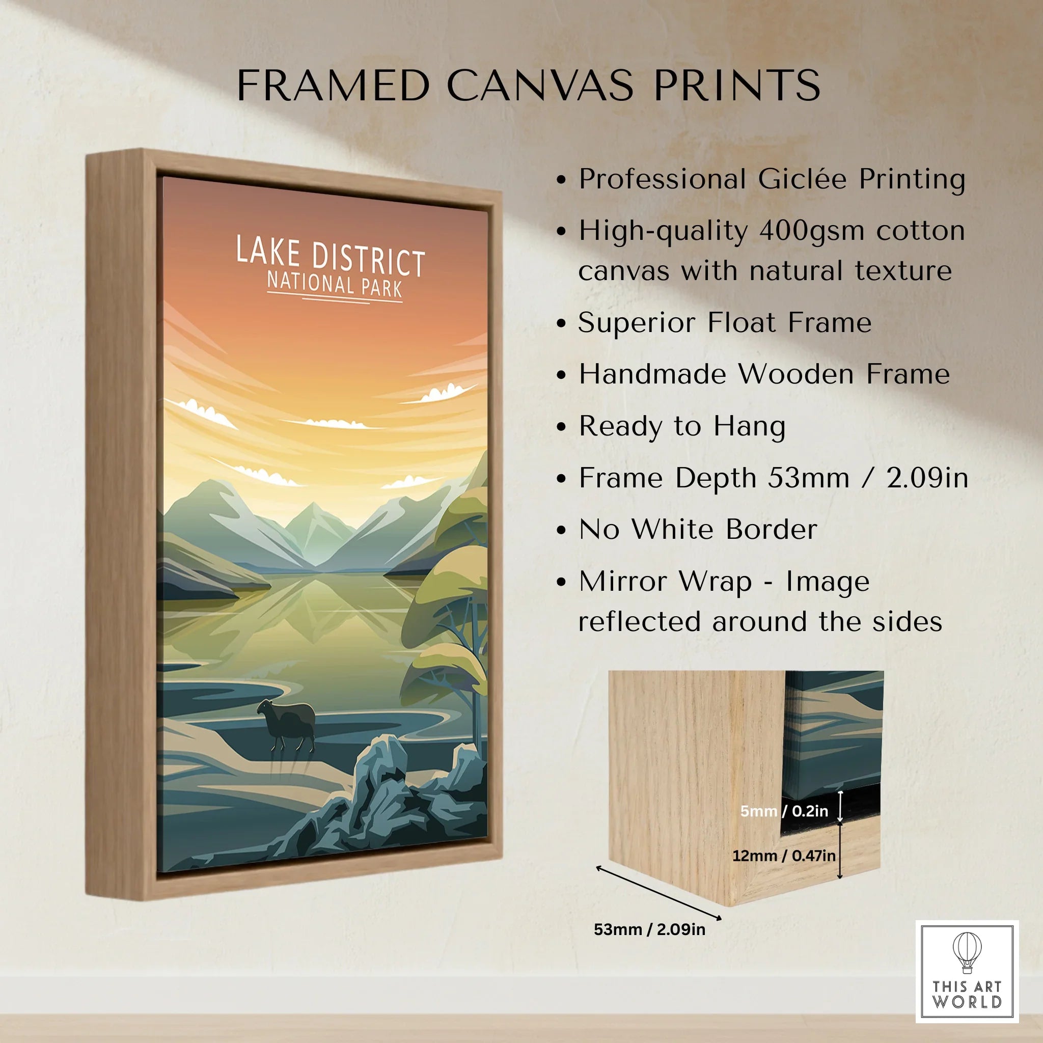 Lake District National Park framed canvas print with wooden float frame and scenic landscape art