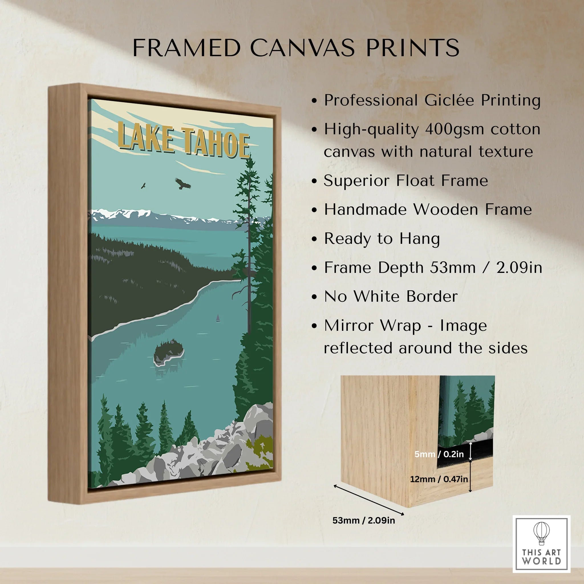 Lake Tahoe travel poster in a framed canvas print with wooden float frame, mountains, and forest art