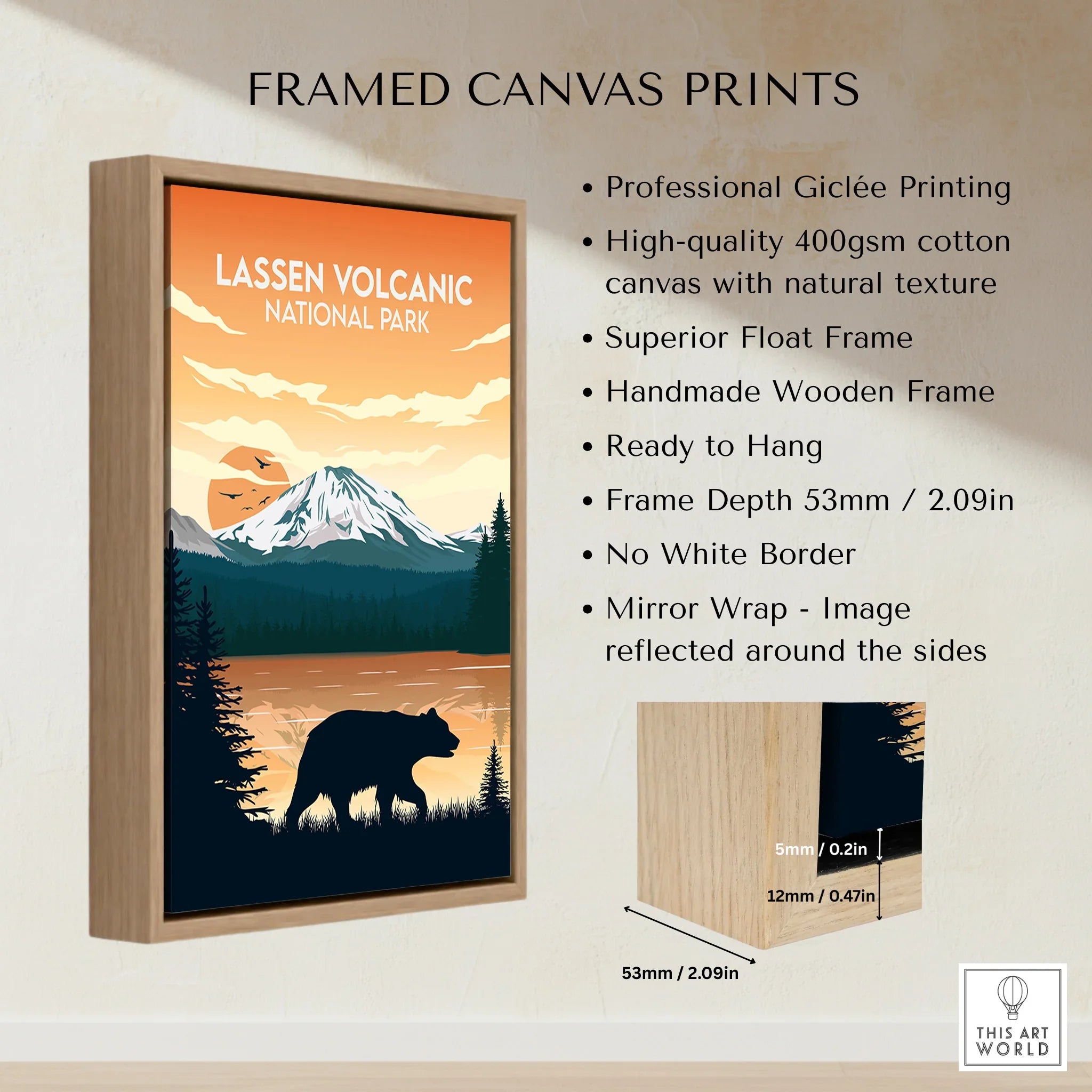 Framed canvas print of Lassen Volcanic National Park with bear, mountain, and wooden float frame
