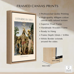 Framed canvas print of Leonardo da Vinci Art Print The Baptism of Christ 1470s, showcasing high-quality giclée printing.
