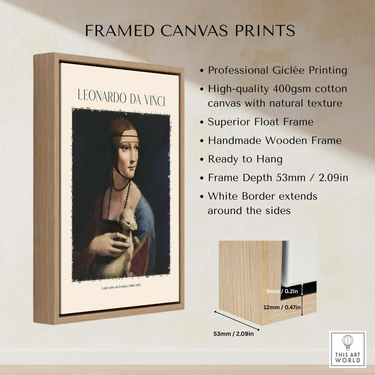 Leonardo da Vinci Art Print - Lady with an Ermine 1490 Cecilia Gallerani Portrait Art Print framed canvas print.