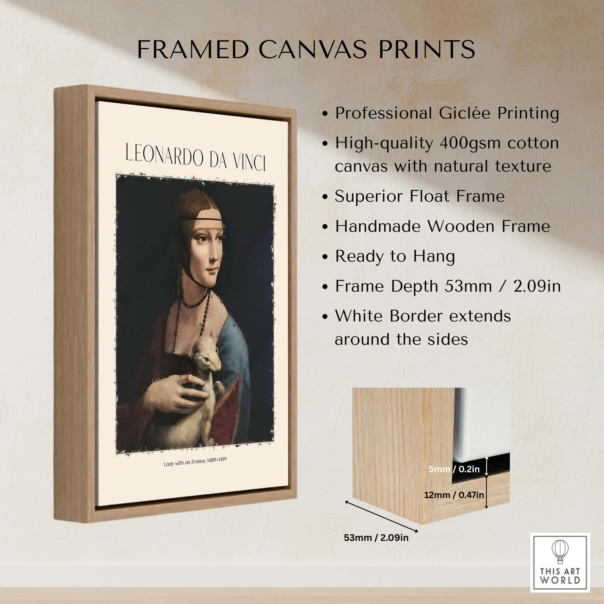 Leonardo da Vinci Art Print - Lady with an Ermine 1490 Cecilia Gallerani Portrait Art Print framed canvas print.