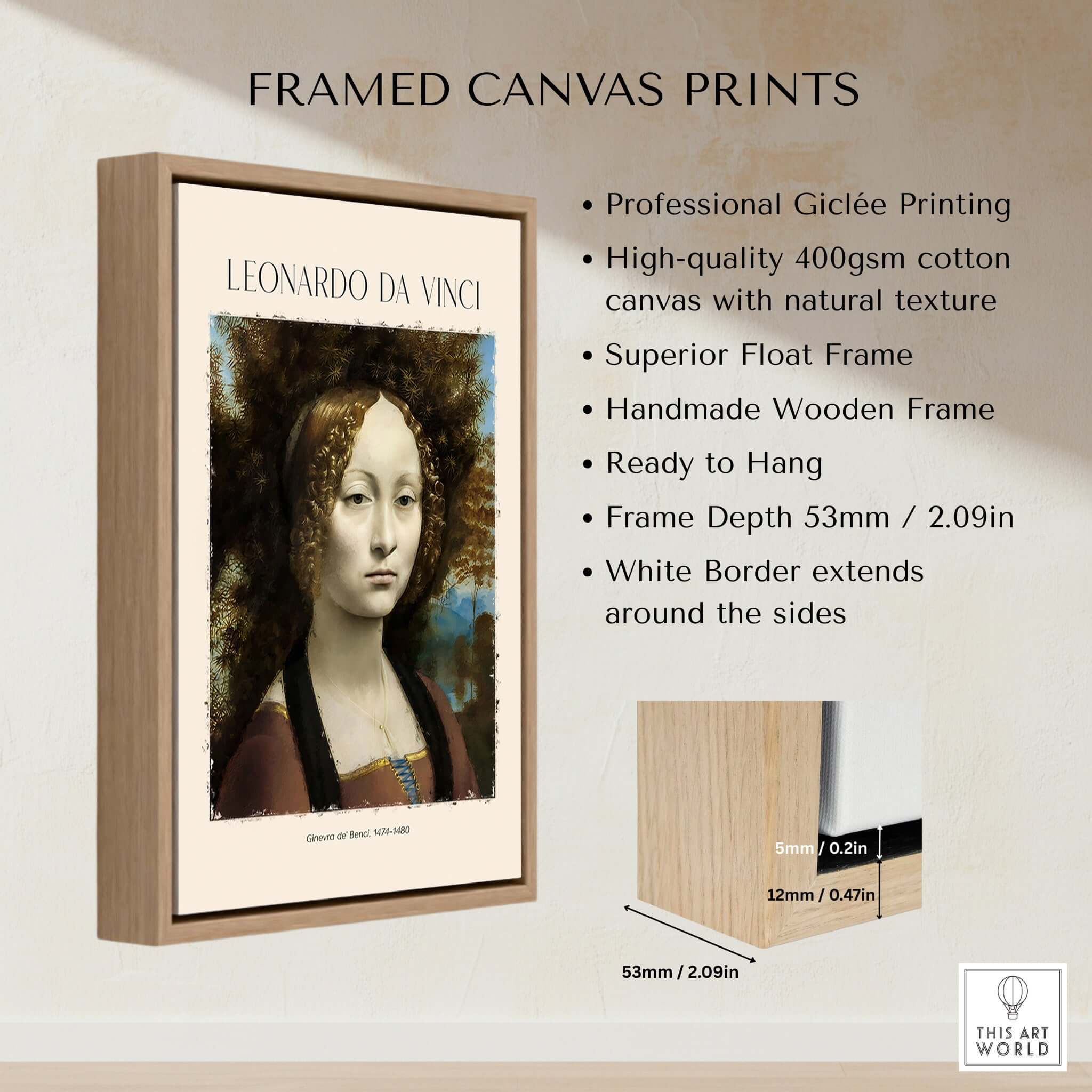 Leonardo da Vinci Art Print - Ginevra de Benci c1474 Early Renaissance Portrait Art Print displayed in a stylish frame.