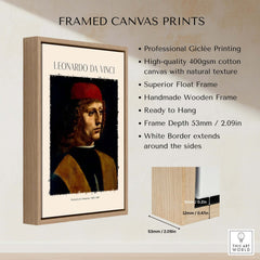 Leonardo da Vinci Art Print - Portrait of a Musician 1480s Early Male Portrait Art Print framed canvas display with details.