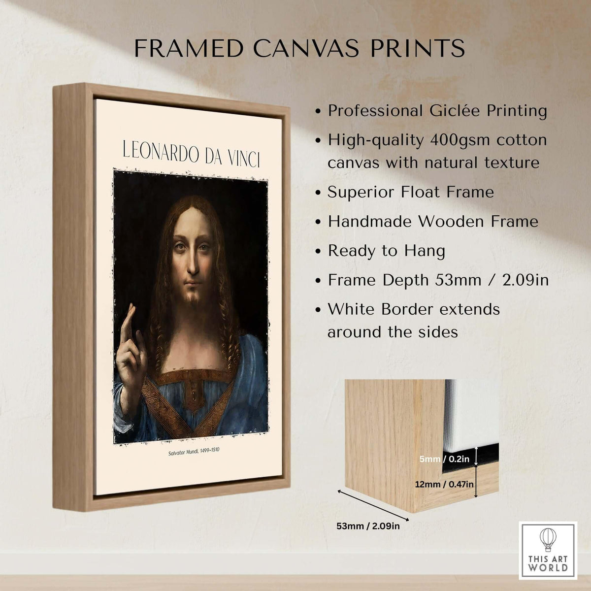 Leonardo da Vinci Salvator Mundi c1500 Portrait of Christ Art Print Poster in a framed canvas display.