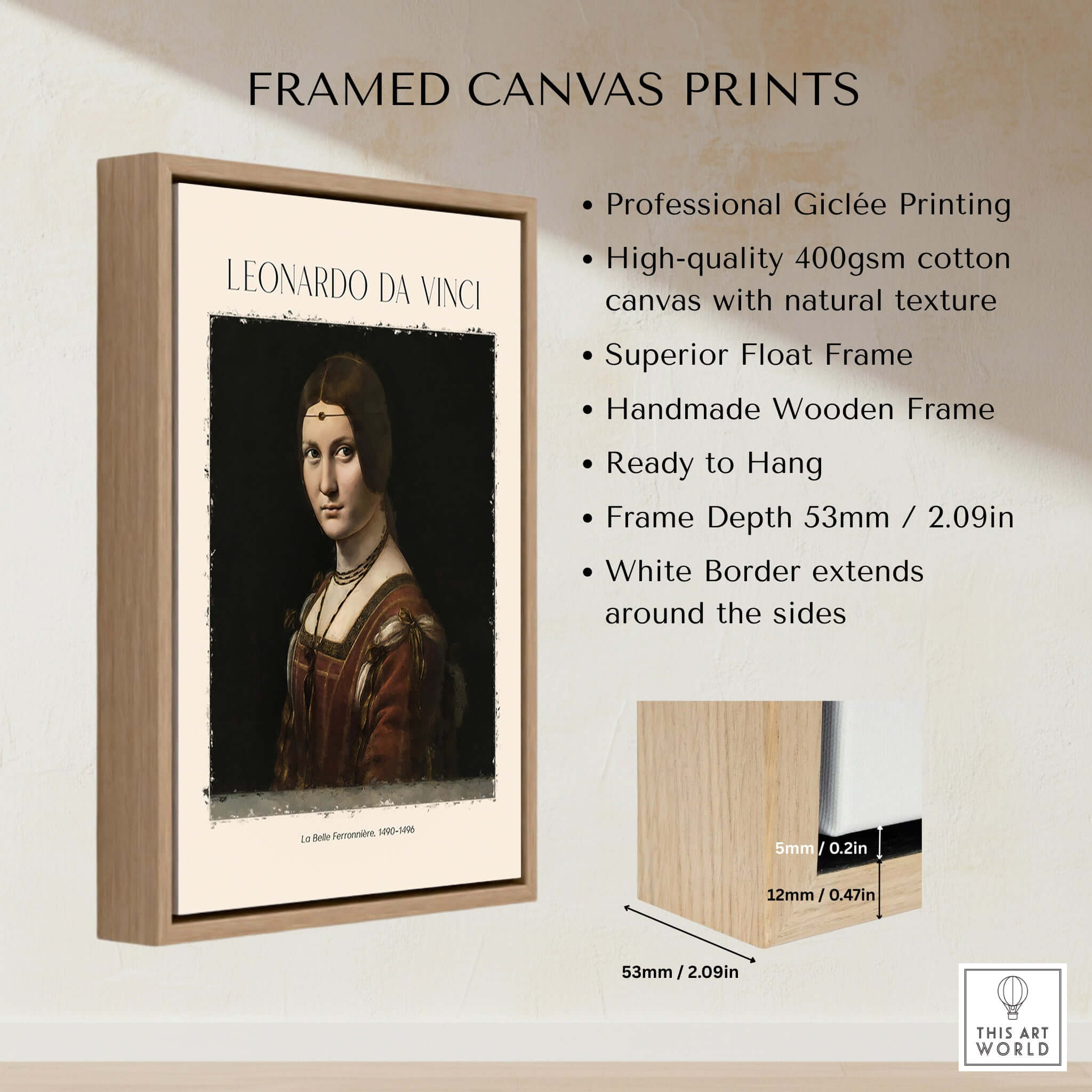 Leonardo da Vinci La Belle Ferronnière 1490s Renaissance Portrait Art Print framed in a wooden float frame with white border.