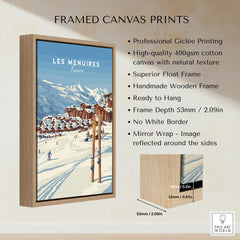 Framed canvas wall art print featuring Les Menuires ski resort, wooden float frame details