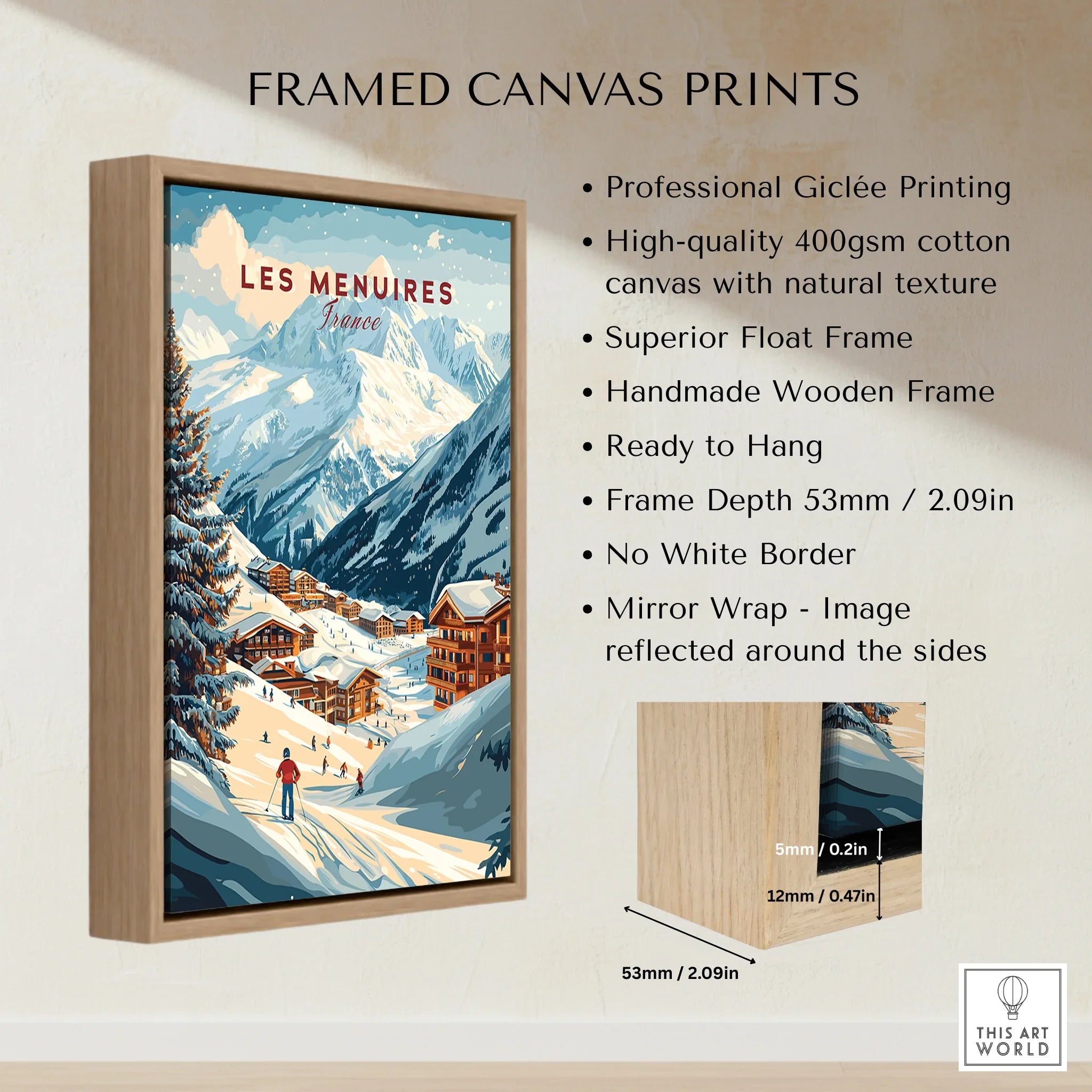 Les Menuires France travel poster in wooden float frame, mountain ski village wall art print