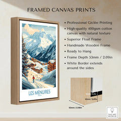Framed canvas print of Les Menuires France ski resort, float frame, wooden edge details