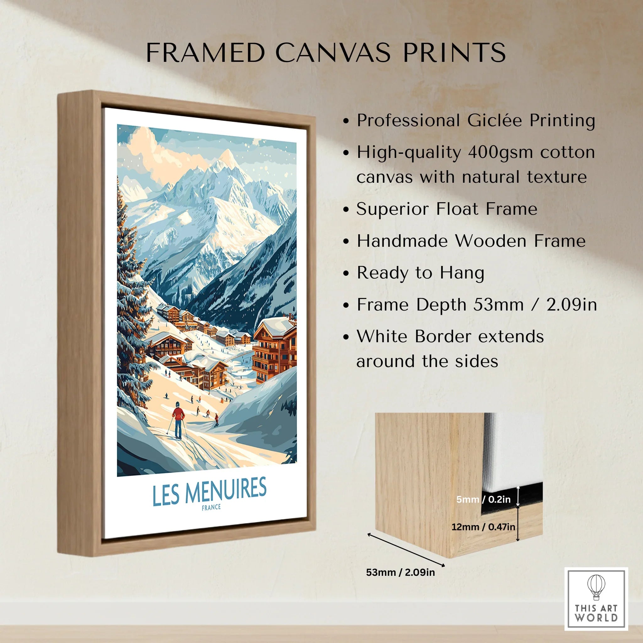 Framed canvas print of Les Menuires France ski resort, float frame, wooden edge details