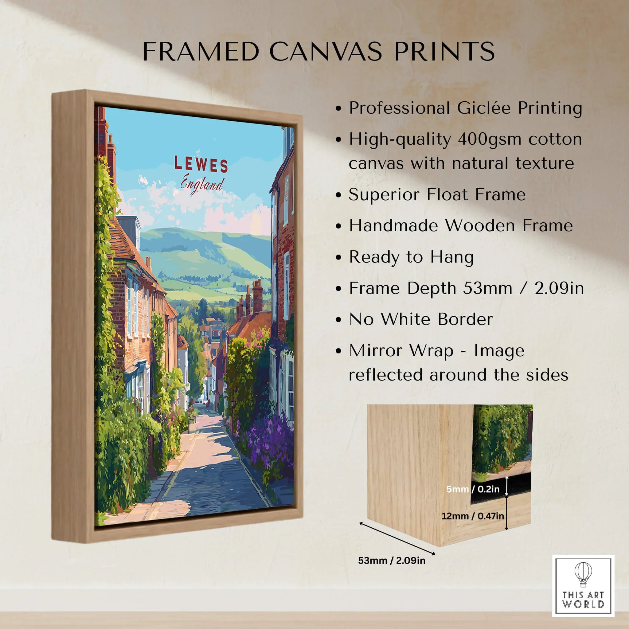 Framed Lewes England canvas wall art with wooden float frame and listed product details.