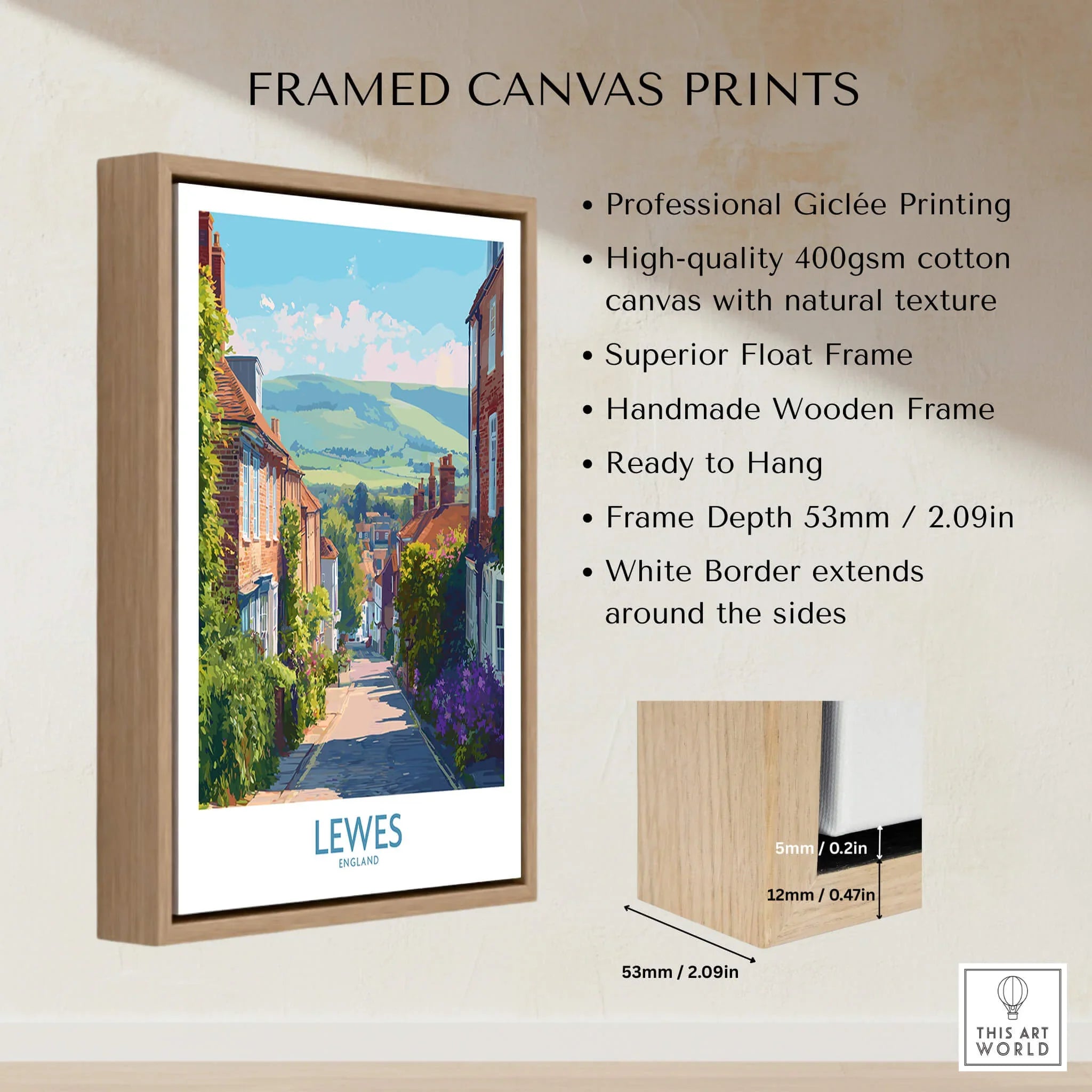 Lewes England travel poster in a handmade wooden float frame, framed canvas wall art details.