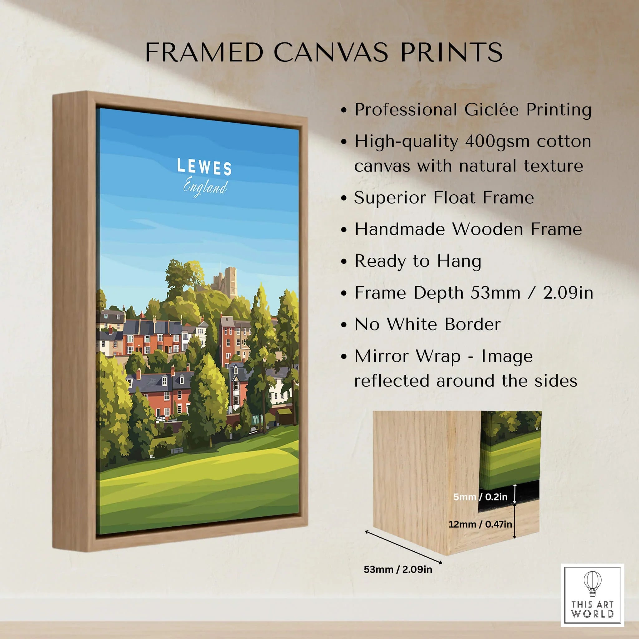 Framed Lewes England travel poster print with wooden float frame and quality canvas details