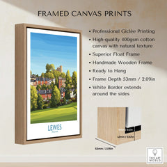 Framed Lewes England travel poster canvas print with wooden float frame and product details.