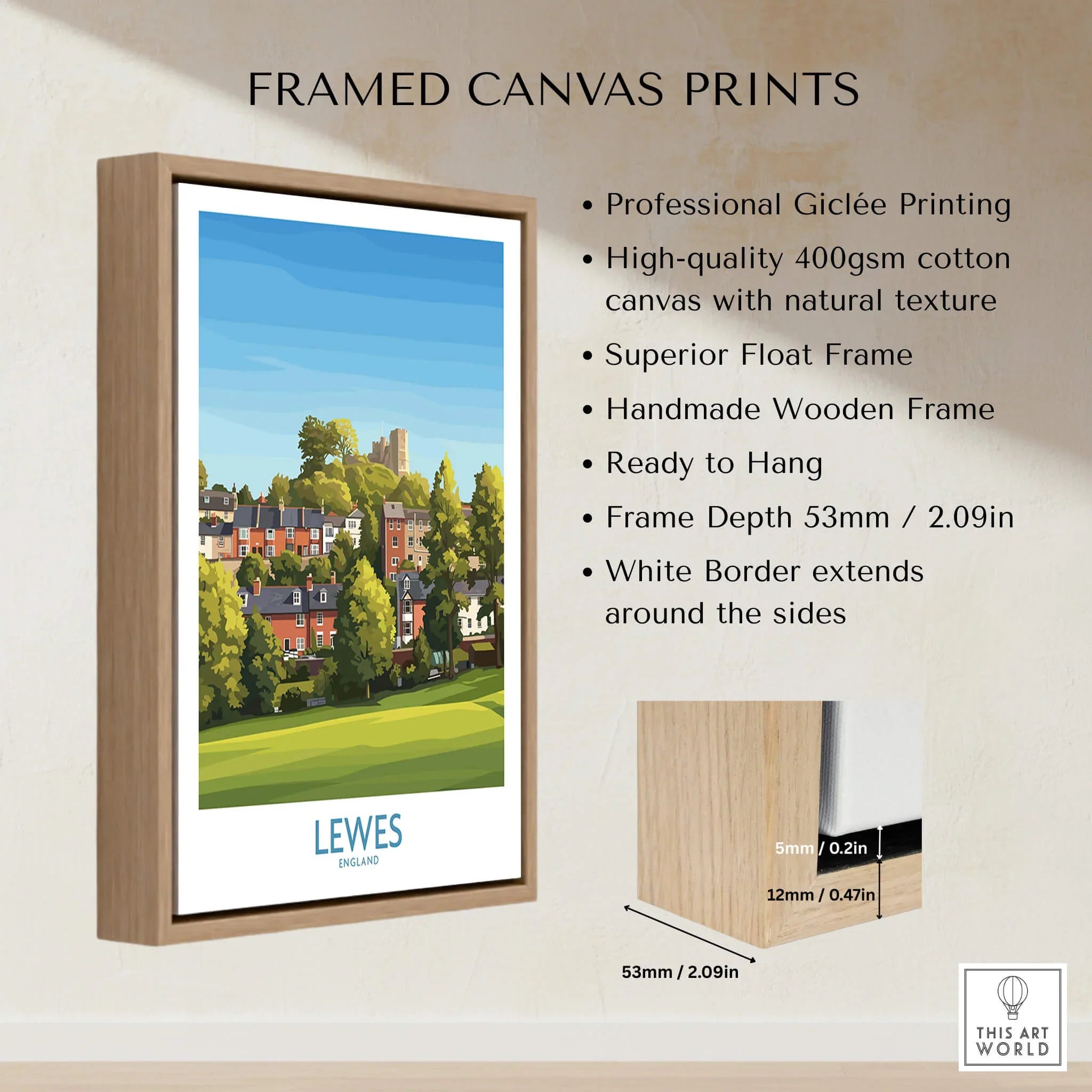 Framed Lewes England travel poster canvas print with wooden float frame and product details.