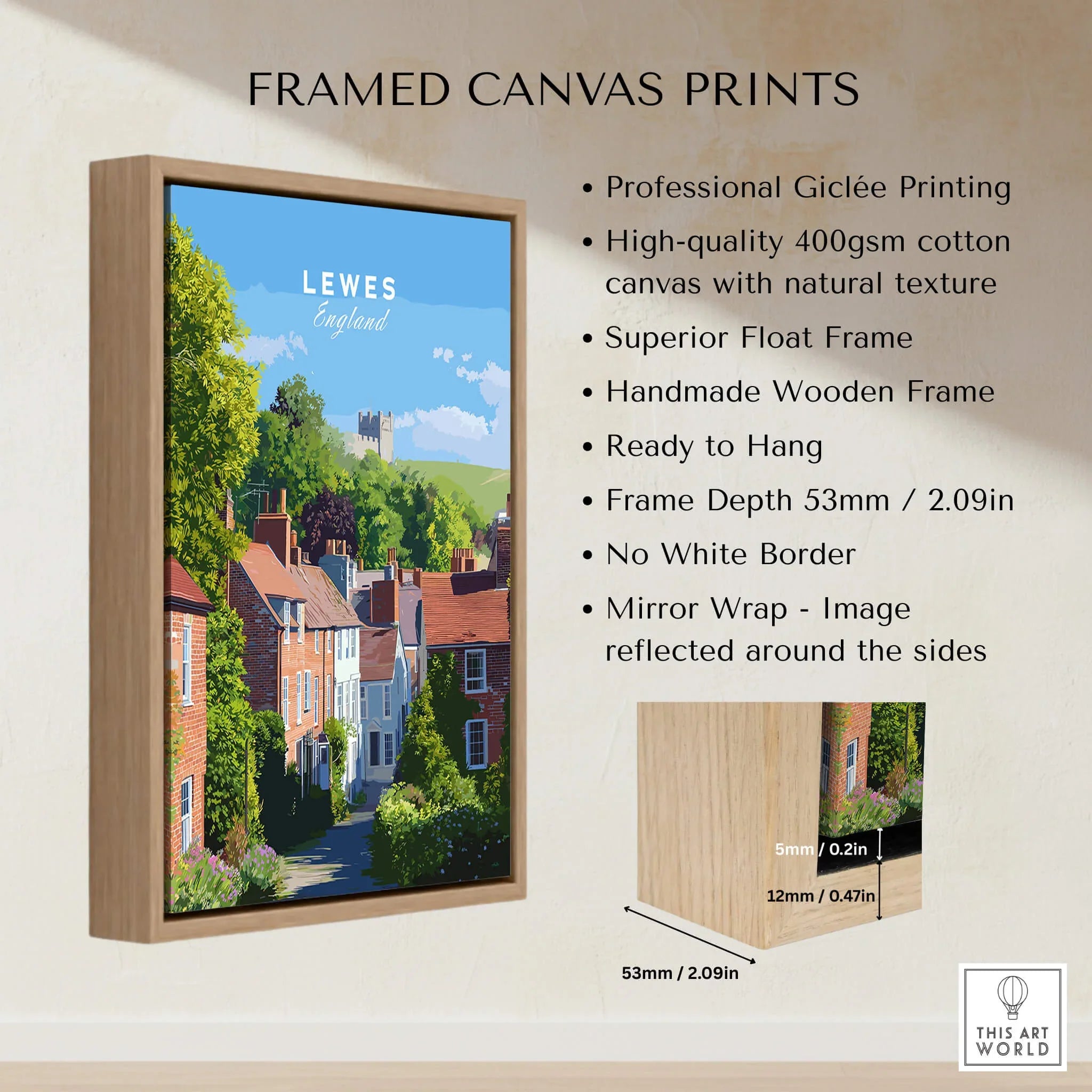 Framed Lewes England travel poster canvas print with wooden float frame and product details
