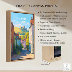 Framed Lewes England travel poster in wooden float frame, canvas print wall art