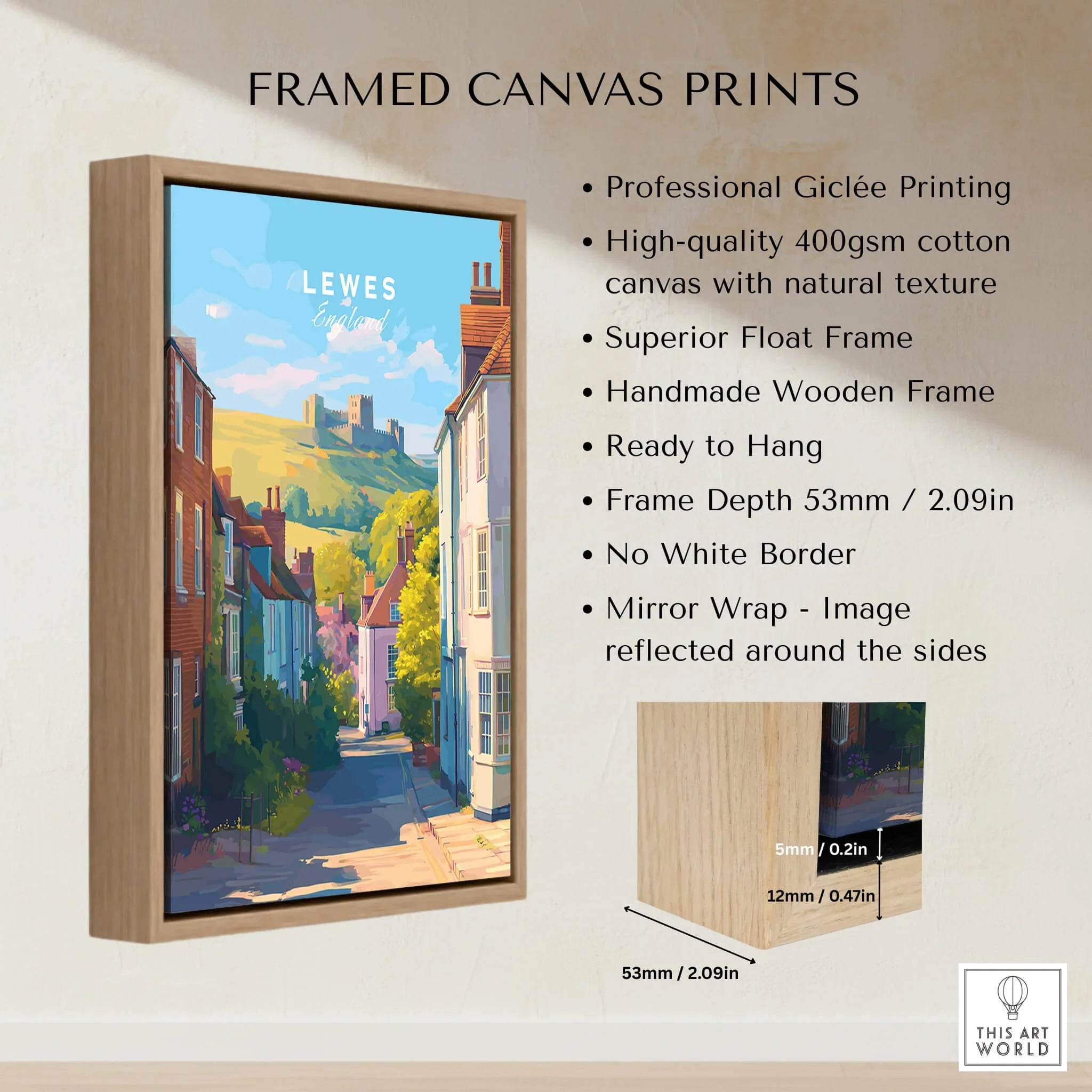 Framed Lewes England travel poster in wooden float frame, canvas print wall art