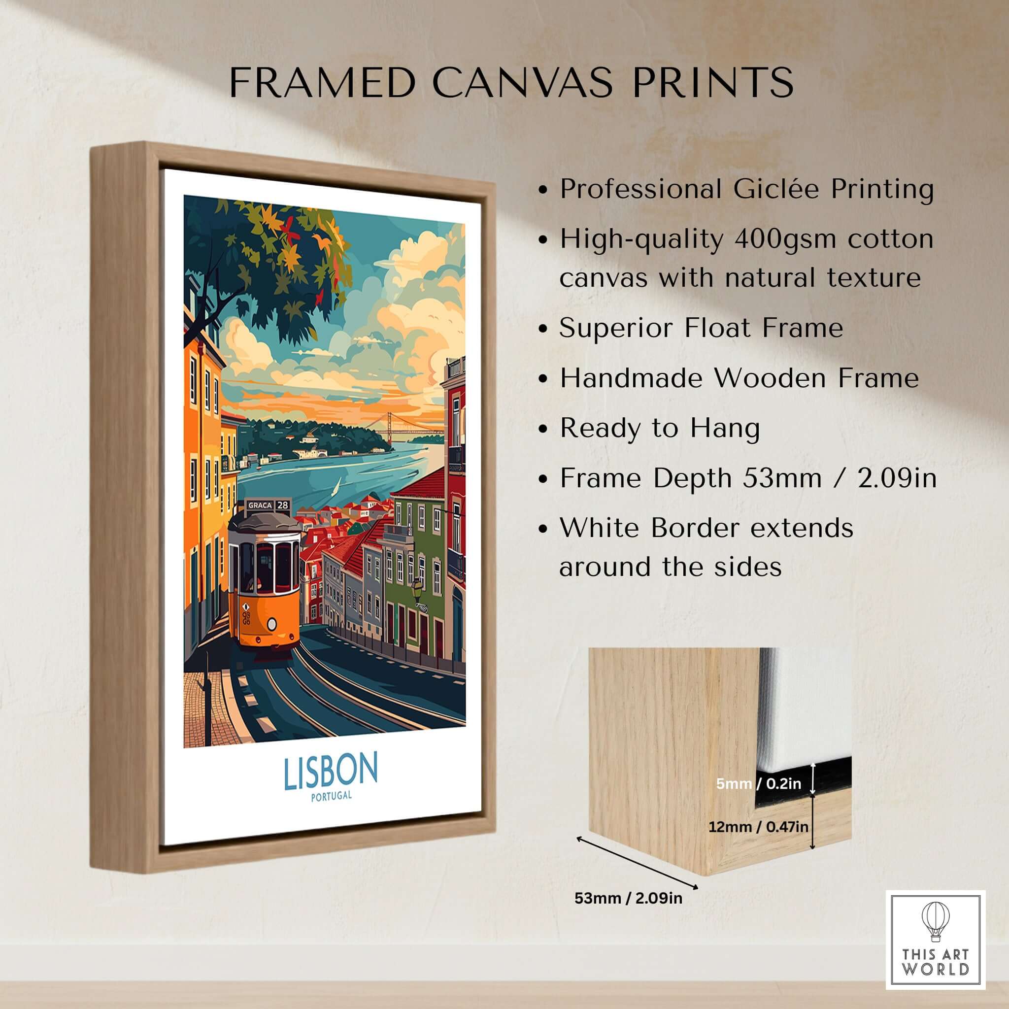 Lisbon Print - Portugal framed artwork featuring iconic yellow tram and vibrant cityscape.