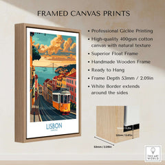 Framed canvas print featuring Lisbon Poster - Portugal with Tram 28, showcasing vibrant city scenery.