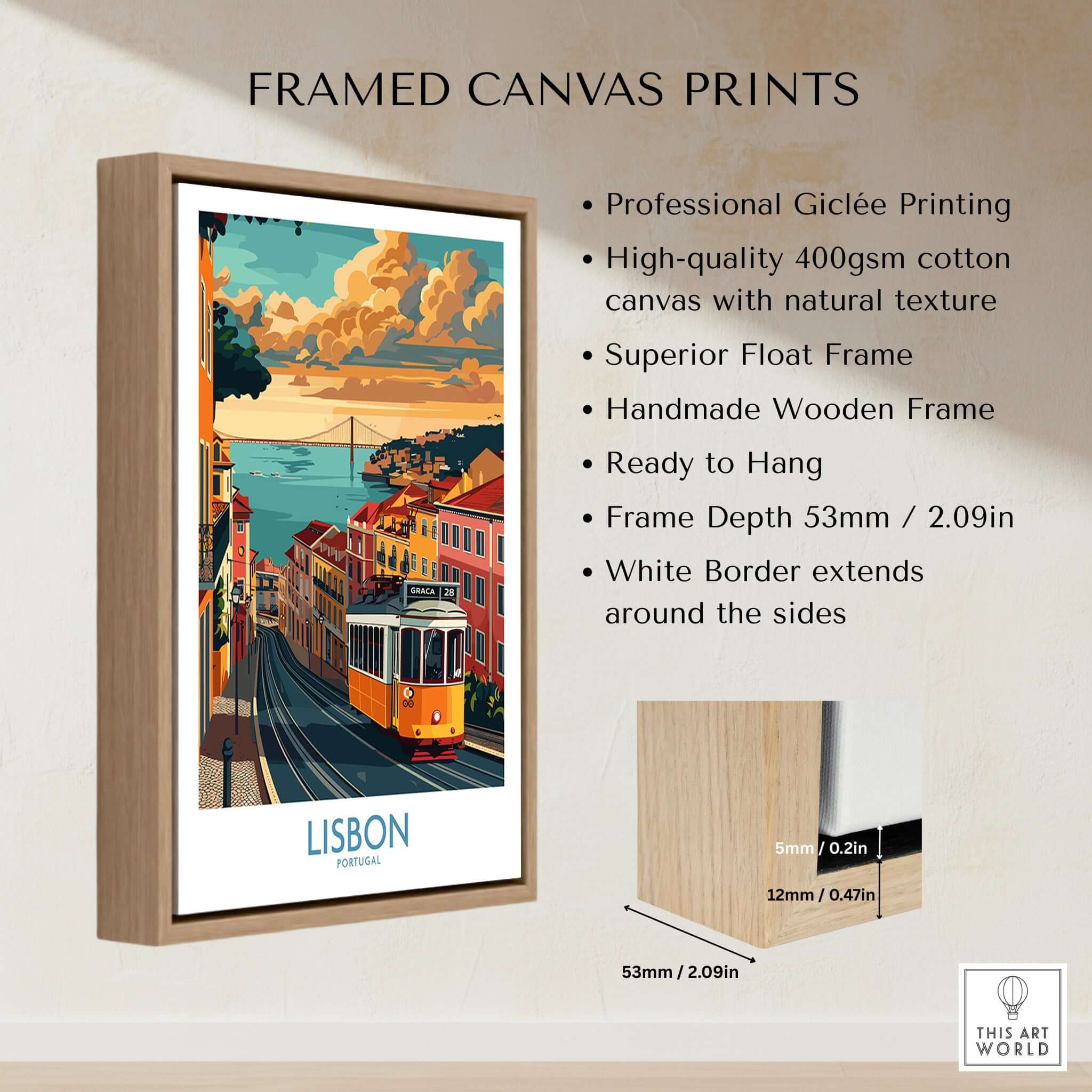 Framed canvas print featuring Lisbon Poster - Portugal with Tram 28, showcasing vibrant city scenery.