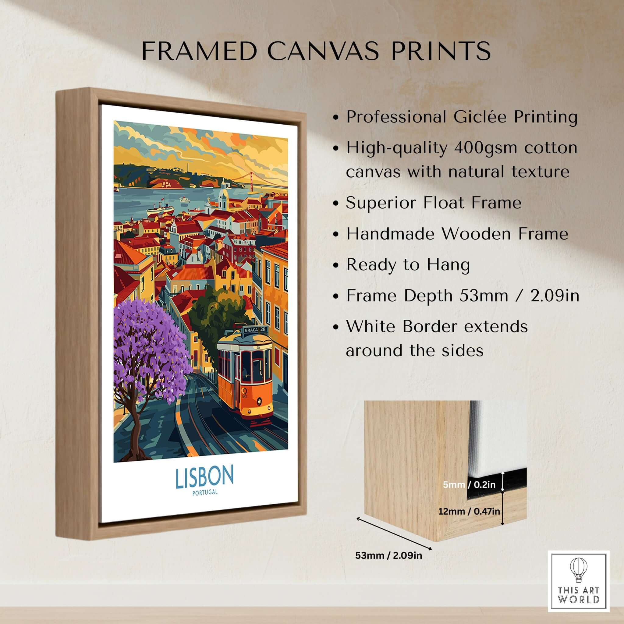 Lisbon Art Print featuring a vibrant cityscape with tram 28 and Jacaranda trees, framed and ready to hang.