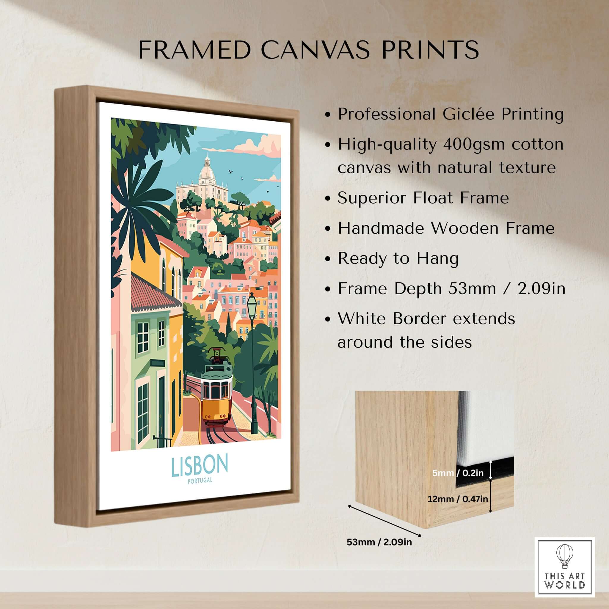 Lisbon Art Travel Print in a handmade wooden frame with vibrant colors and iconic tram 28 design.