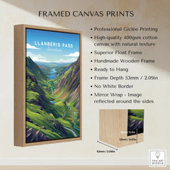 Framed canvas print of Llanberis Pass landscape with wooden float frame details